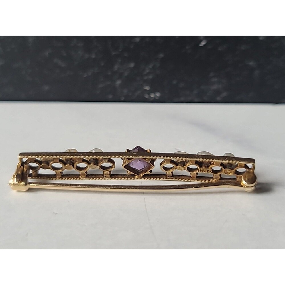 Antique 14K Yellow Gold Amethyst & Natural Pearl Bar Brooch - Picture 7 of 10